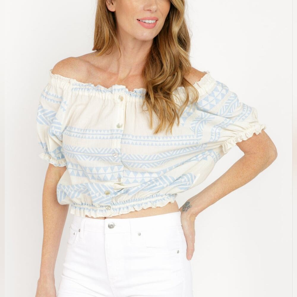 Sofia Collections Off Shoulder Jacquard Cotton Top Size XS to M Light Blue